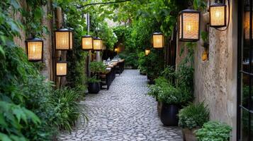 A narrow alleyway with lanterns hanging from the walls photo