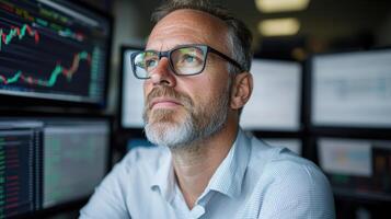 A man in glasses looking at stock market charts photo