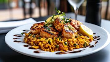 A plate of food with scallops and rice photo