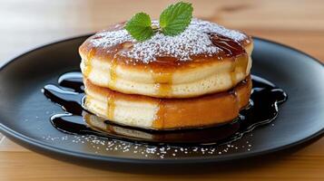 A stack of pancakes on a black plate photo