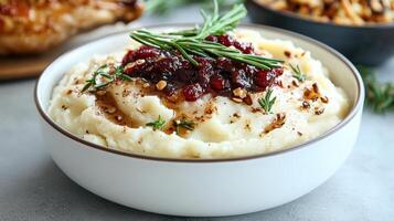 Mashed potatoes with cranberry sauce and rosemary photo