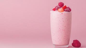 A smoothie with strawberries and raspberries on a pink background photo
