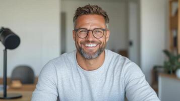 A man with glasses and a beard smiles while sitting at a desk photo