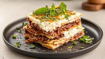A stack of lasagna on a plate photo