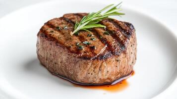 A steak on a white plate with a sprig of rosemary photo