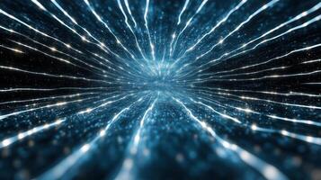 Abstract blue light tunnel with a bright light photo