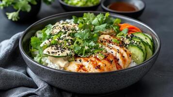 A bowl of rice with chicken, vegetables and cucumbers photo