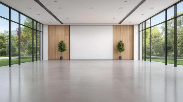 Empty room with large windows and a white wall photo