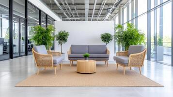 Modern office with grey chairs and plants photo