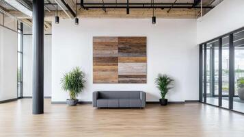 A large wooden wall in an office with a couch and plants photo