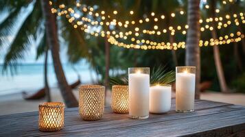 Candles and a table with palm trees and string lights photo
