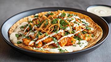 A bowl of nachos with cheese and sauce photo
