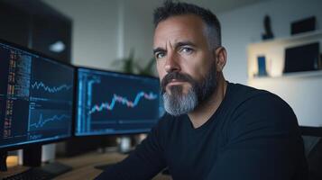 A man with a beard sitting in front of two computer monitors photo