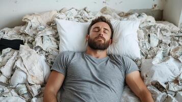 A man sleeping on a pile of money photo