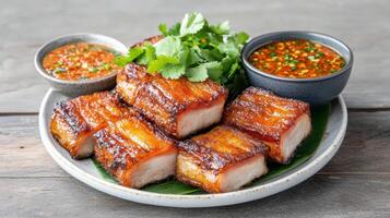 A plate of pork ribs with sauce and herbs photo