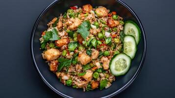 A bowl of fried rice with vegetables and cucumbers photo
