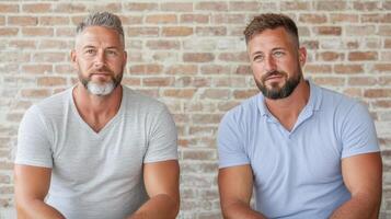 Two men sitting on a bench with a brick wall behind them photo