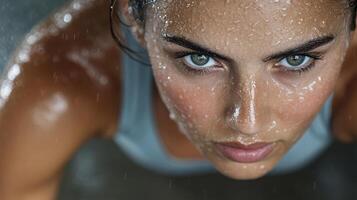 A woman is doing push ups in the rain photo