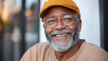 An older man with glasses and a hat smiling photo