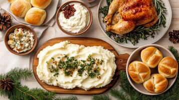 A table with a variety of food including mashed potatoes, rolls and other items photo