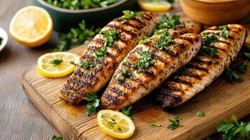 Grilled fish with lemon and parsley on a wooden cutting board photo