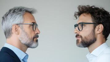 Two men with glasses facing each other photo
