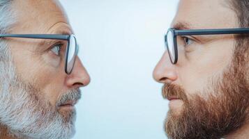 Two men with glasses looking at each other photo