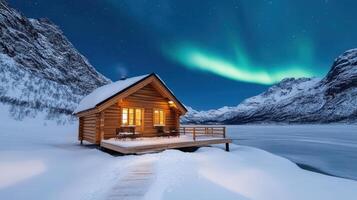 A cabin in the snow with the aurora borealis above photo
