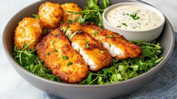 A bowl of fish and greens with a dipping sauce photo