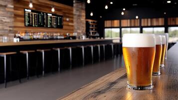 Three beers are lined up on a bar photo