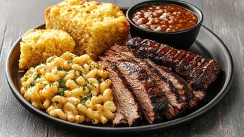 A plate of food with meat, macaroni and cheese and a side dish photo