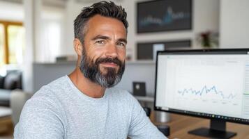 A man with a beard sitting at a desk with a computer screen photo