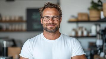 A man with glasses standing in front of a coffee shop photo