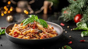 Pasta with meat and vegetables in a bowl on a black background photo