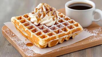 A waffle with whipped cream and syrup on top photo