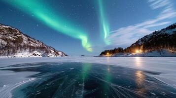 The aurora borealis lights up the sky over a frozen lake photo