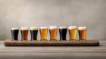 A row of beer glasses on a wooden table photo
