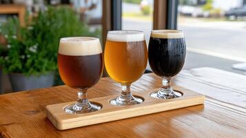 Three different types of beer on a wooden tray photo