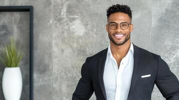 A man in a suit and glasses standing in front of a wall photo
