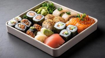 An image of a bento box with sushi and other food photo