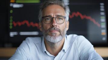 A man with glasses and a beard looking at the screen photo