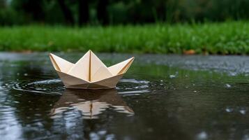 Paper boat floating in puddle of water photo