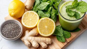 A glass of green smoothie with lemon, mint and chia seeds photo