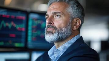 A man with a beard and a suit looking at stock market screens photo
