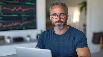 A man with glasses and a beard sitting at a desk with a laptop photo