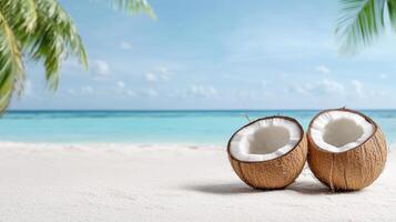 Coconut on the beach with palm trees photo