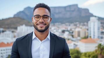 A man with glasses and a suit standing in front of a city photo