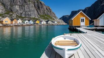A boat sits on the dock next to a row of houses photo