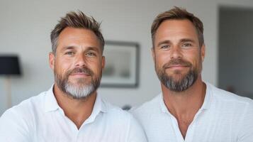 Two men with beards standing in front of a white background photo