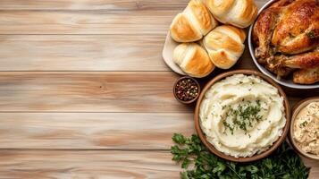 Thanksgiving dinner with turkey, mashed potatoes, stuffing and bread photo